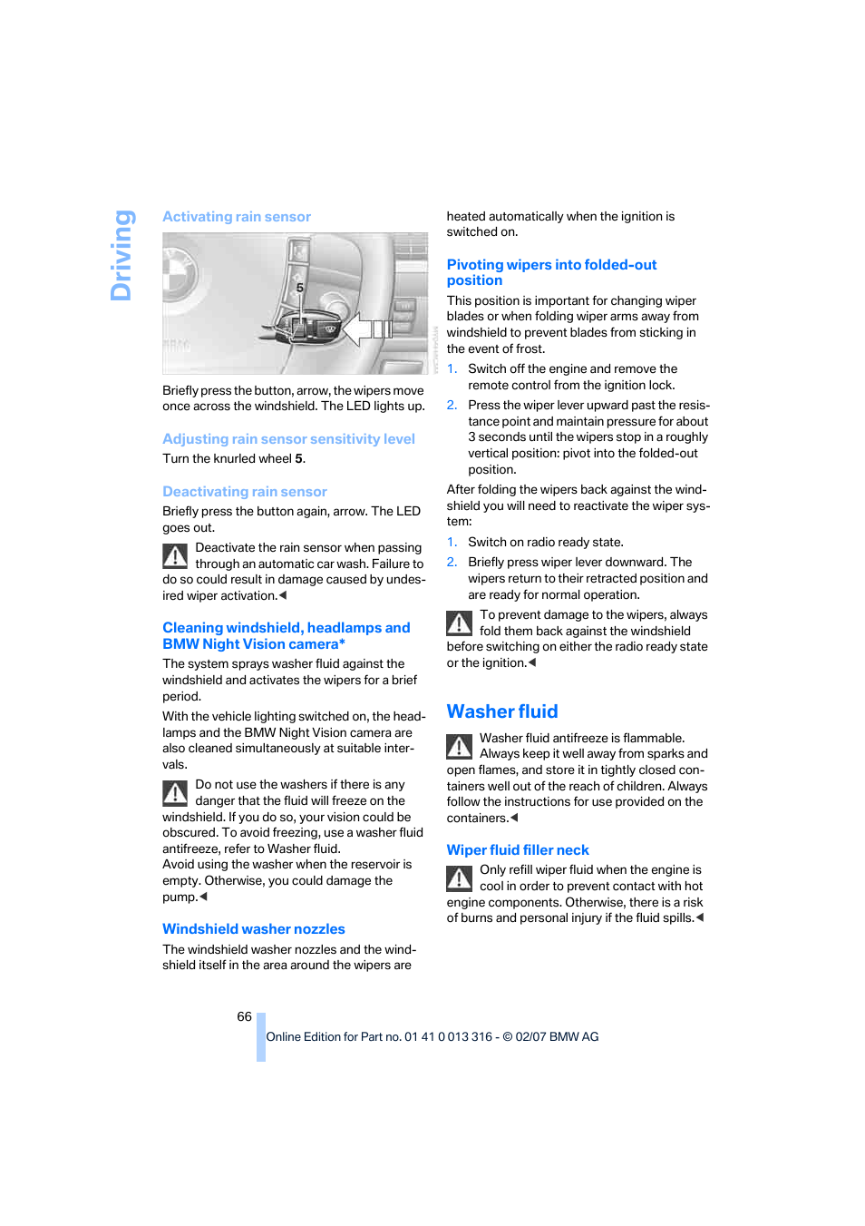 Washer fluid, Driving | BMW 760Li Sedan 2008 User Manual | Page 68 / 254