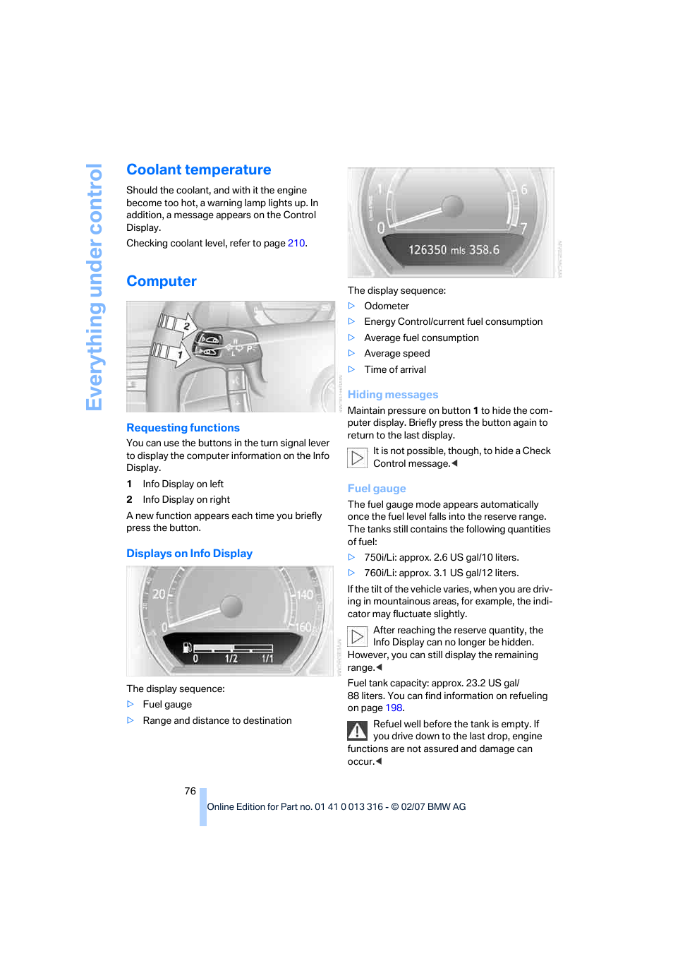 Coolant temperature, Computer, Eve ryth ing un de r co nt rol | BMW 760Li Sedan 2008 User Manual | Page 78 / 254