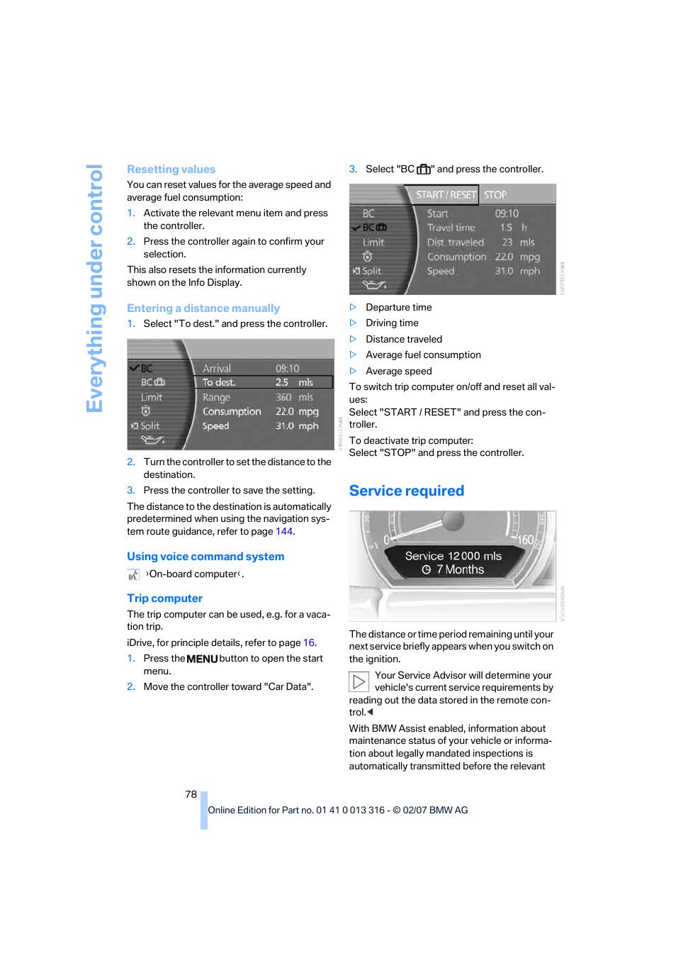 Service required, To entering a distance manually, Eve ryth ing un de r co nt rol | BMW 760Li Sedan 2008 User Manual | Page 80 / 254