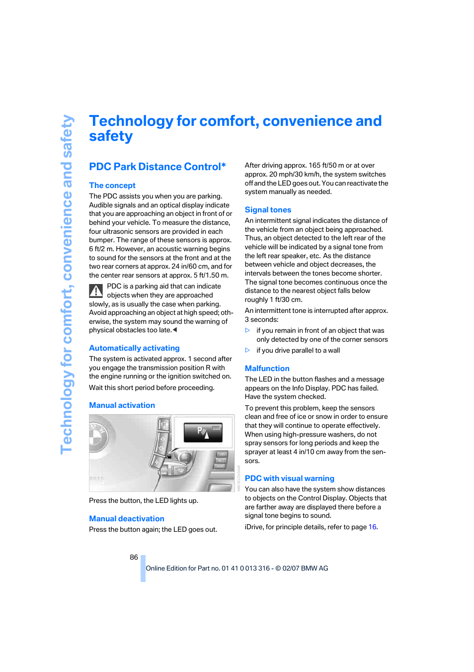 Technology for comfort, convenience and safety, Pdc park distance control | BMW 760Li Sedan 2008 User Manual | Page 88 / 254