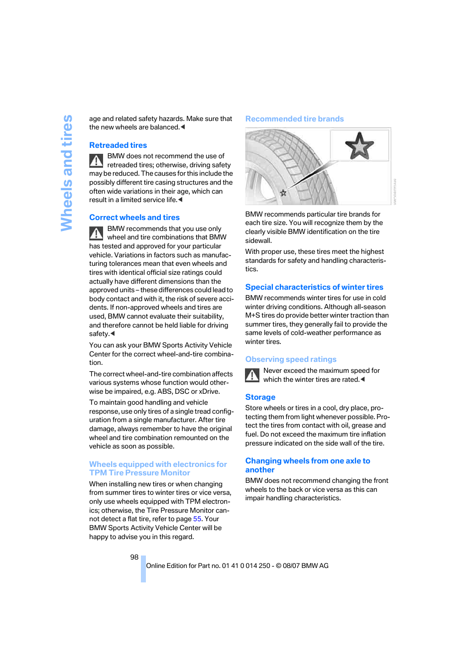 Wh eels and tire s | BMW X3 3.0si 2008 User Manual | Page 100 / 140