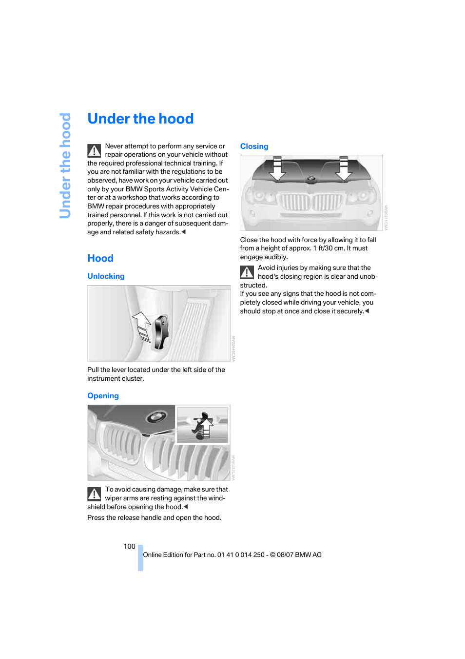 Under the hood, Hood | BMW X3 3.0si 2008 User Manual | Page 102 / 140