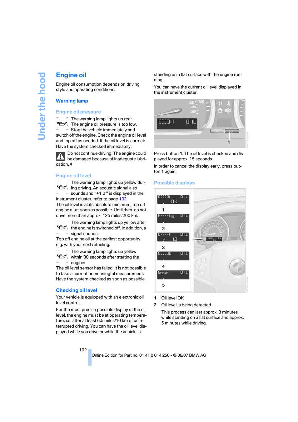 Engine oil, L level | BMW X3 3.0si 2008 User Manual | Page 104 / 140