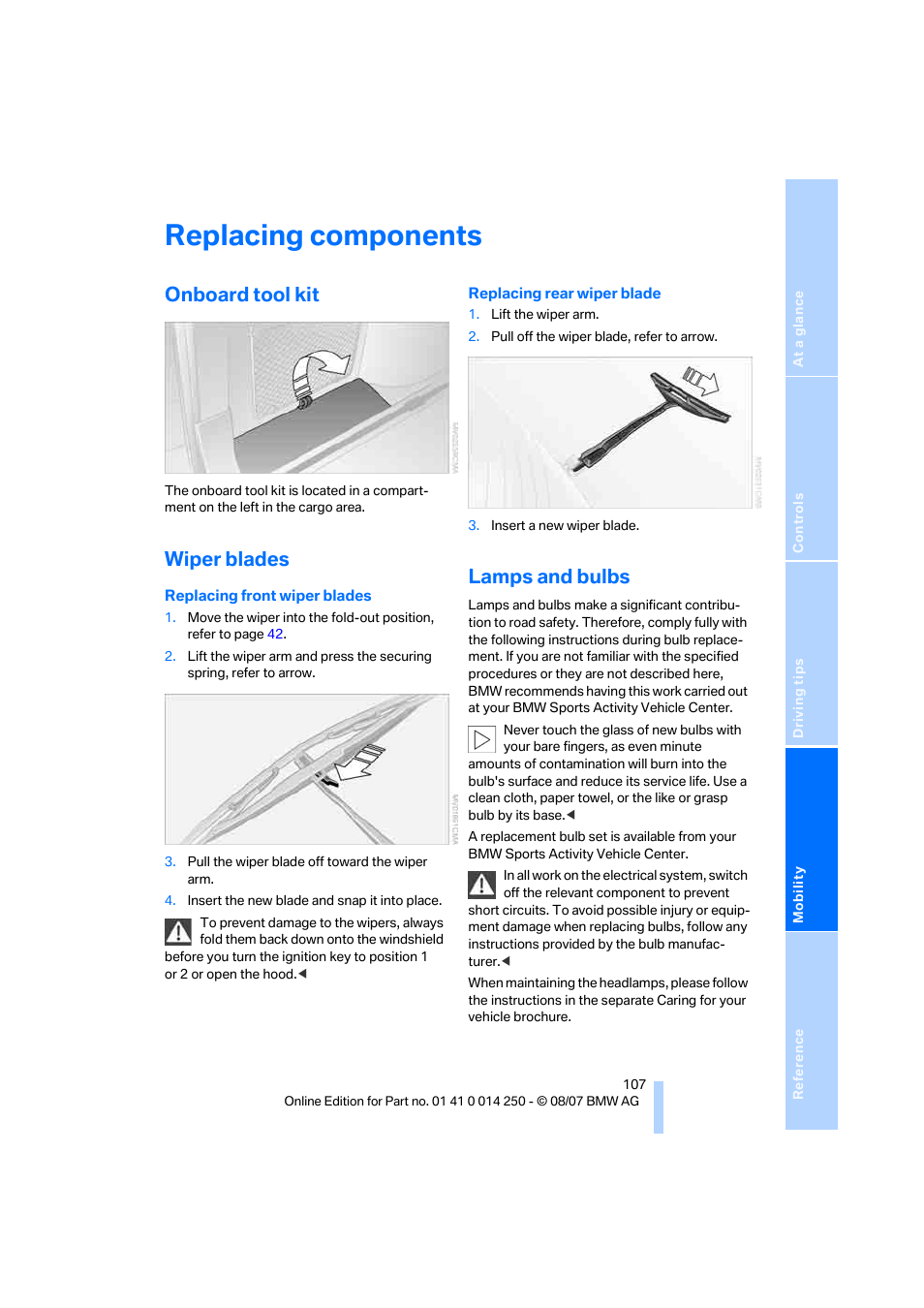 Replacing components, Onboard tool kit, Wiper blades | Lamps and bulbs | BMW X3 3.0si 2008 User Manual | Page 109 / 140