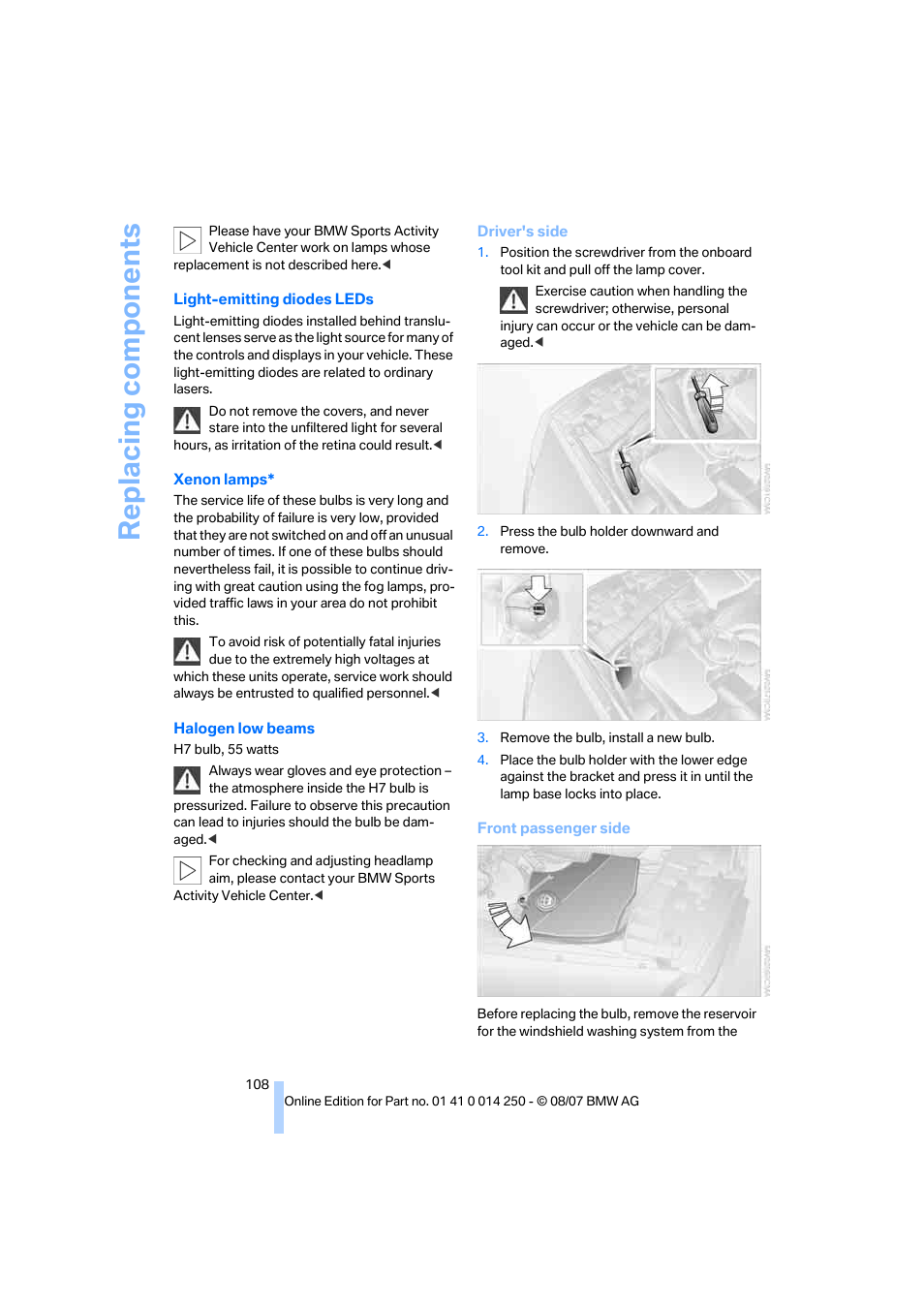 Replacing components | BMW X3 3.0si 2008 User Manual | Page 110 / 140