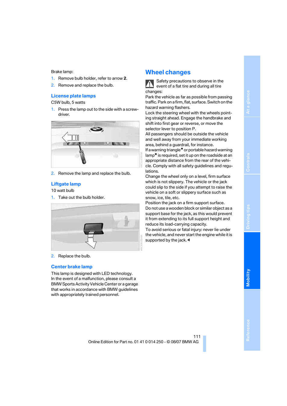 Wheel changes | BMW X3 3.0si 2008 User Manual | Page 113 / 140