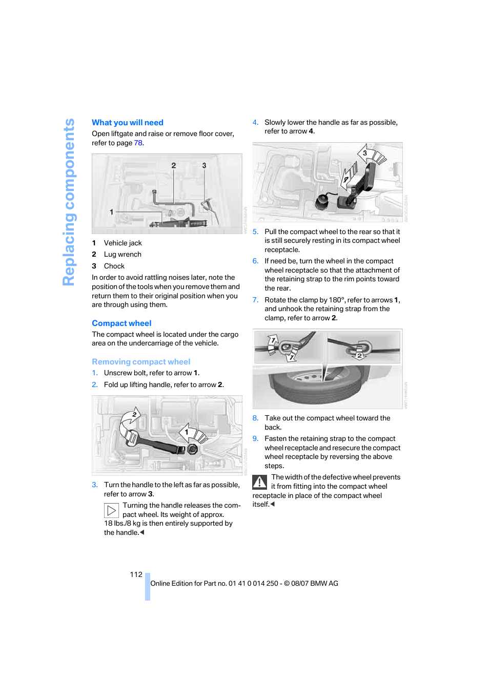 Replacing components | BMW X3 3.0si 2008 User Manual | Page 114 / 140