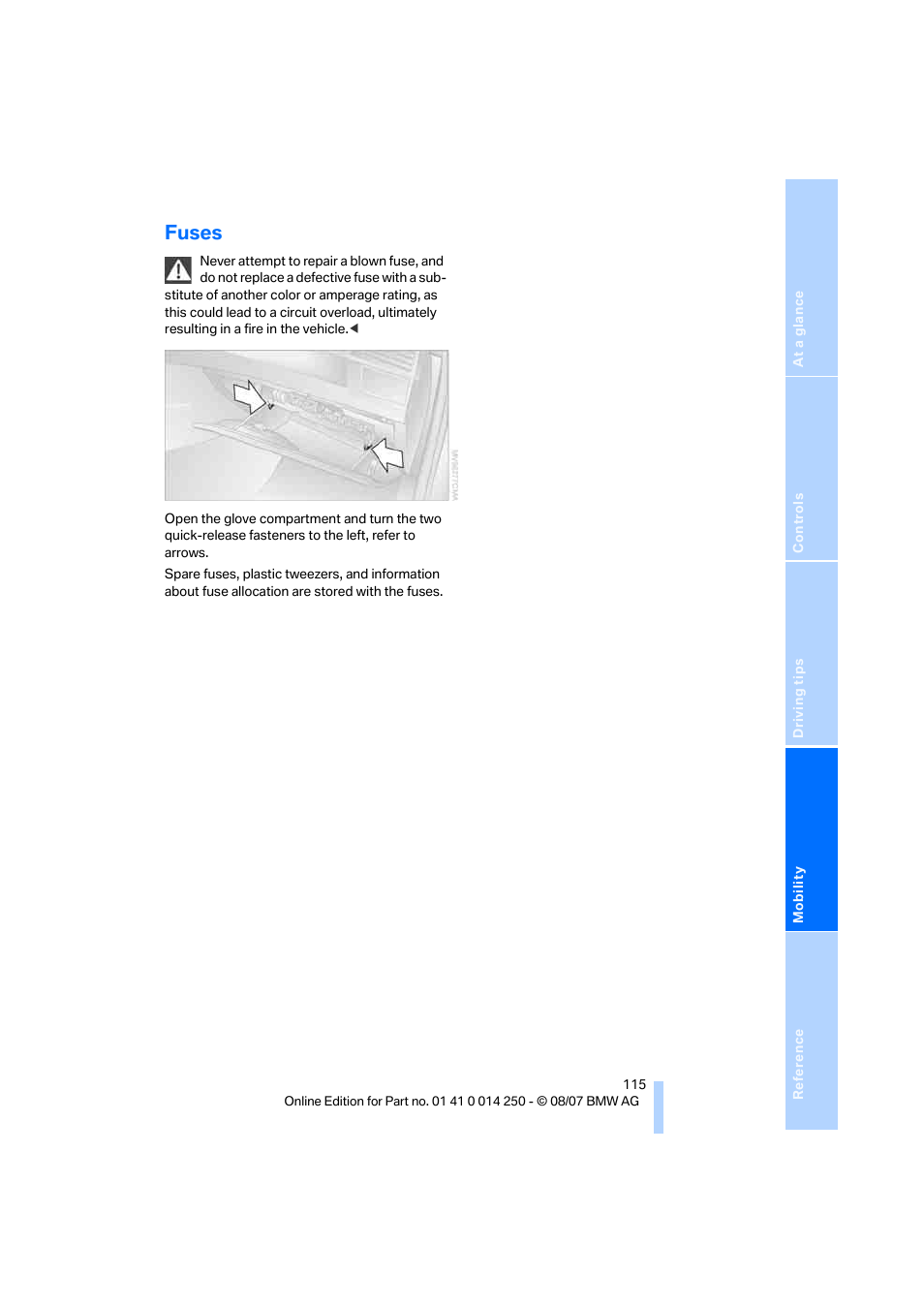 Fuses | BMW X3 3.0si 2008 User Manual | Page 117 / 140