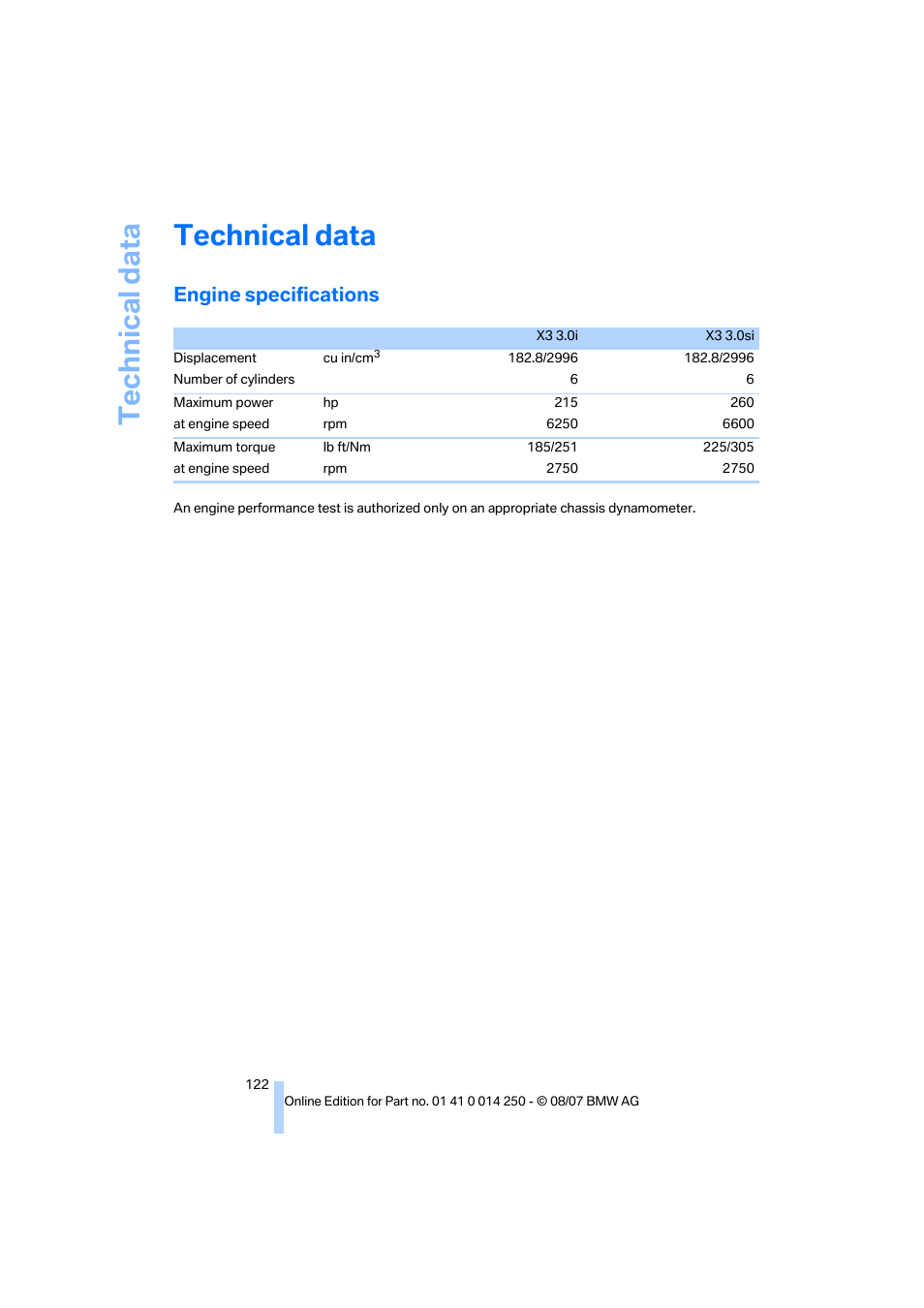 Technical data, Engine specifications | BMW X3 3.0si 2008 User Manual | Page 124 / 140