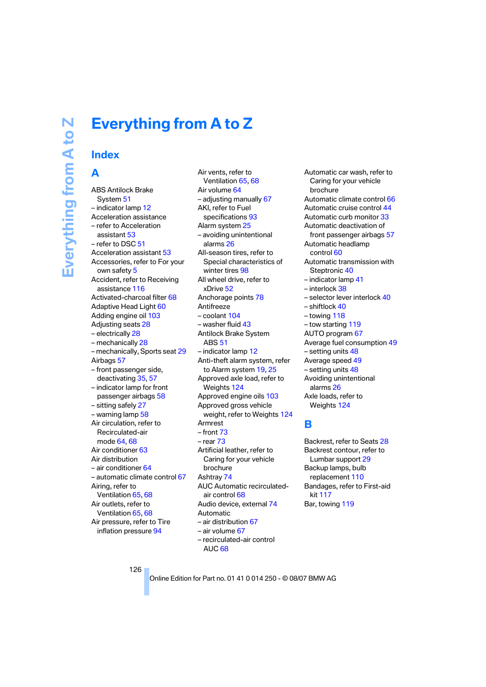 Everything from a to z, Index, Index a | BMW X3 3.0si 2008 User Manual | Page 128 / 140