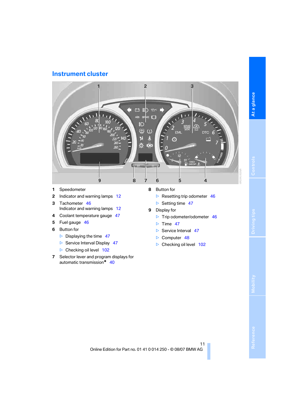 Instrument cluster | BMW X3 3.0si 2008 User Manual | Page 13 / 140