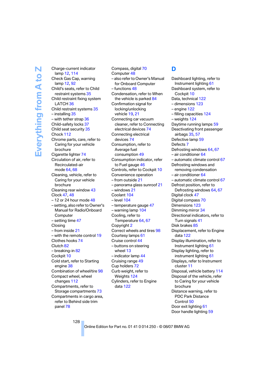 Everything from a to z | BMW X3 3.0si 2008 User Manual | Page 130 / 140