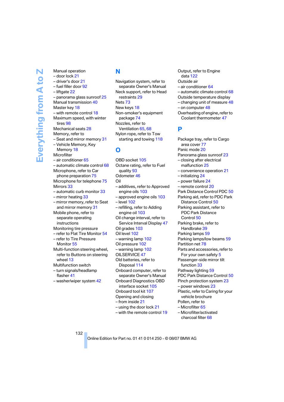 Everything from a to z | BMW X3 3.0si 2008 User Manual | Page 134 / 140