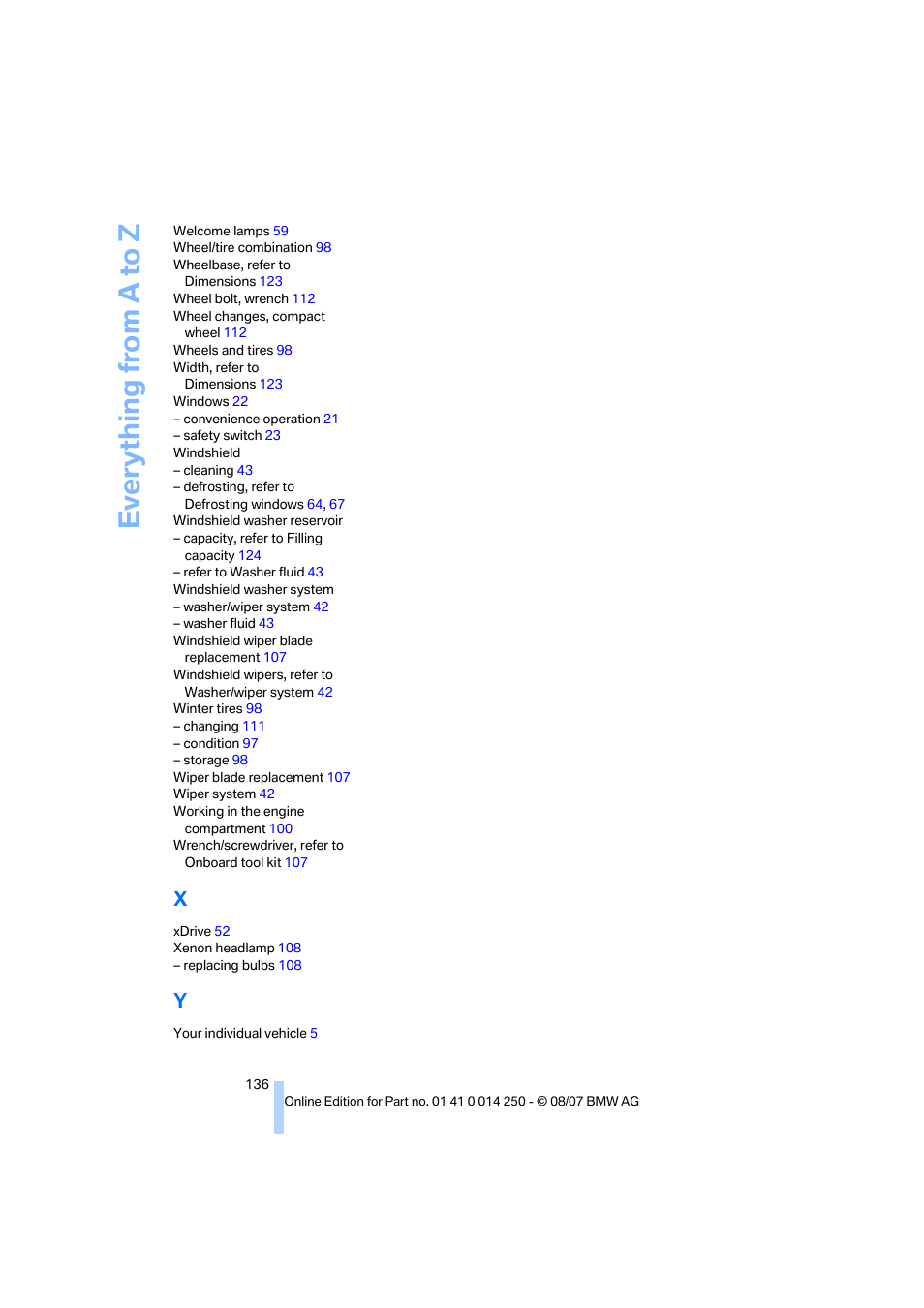 Everything from a to z | BMW X3 3.0si 2008 User Manual | Page 138 / 140