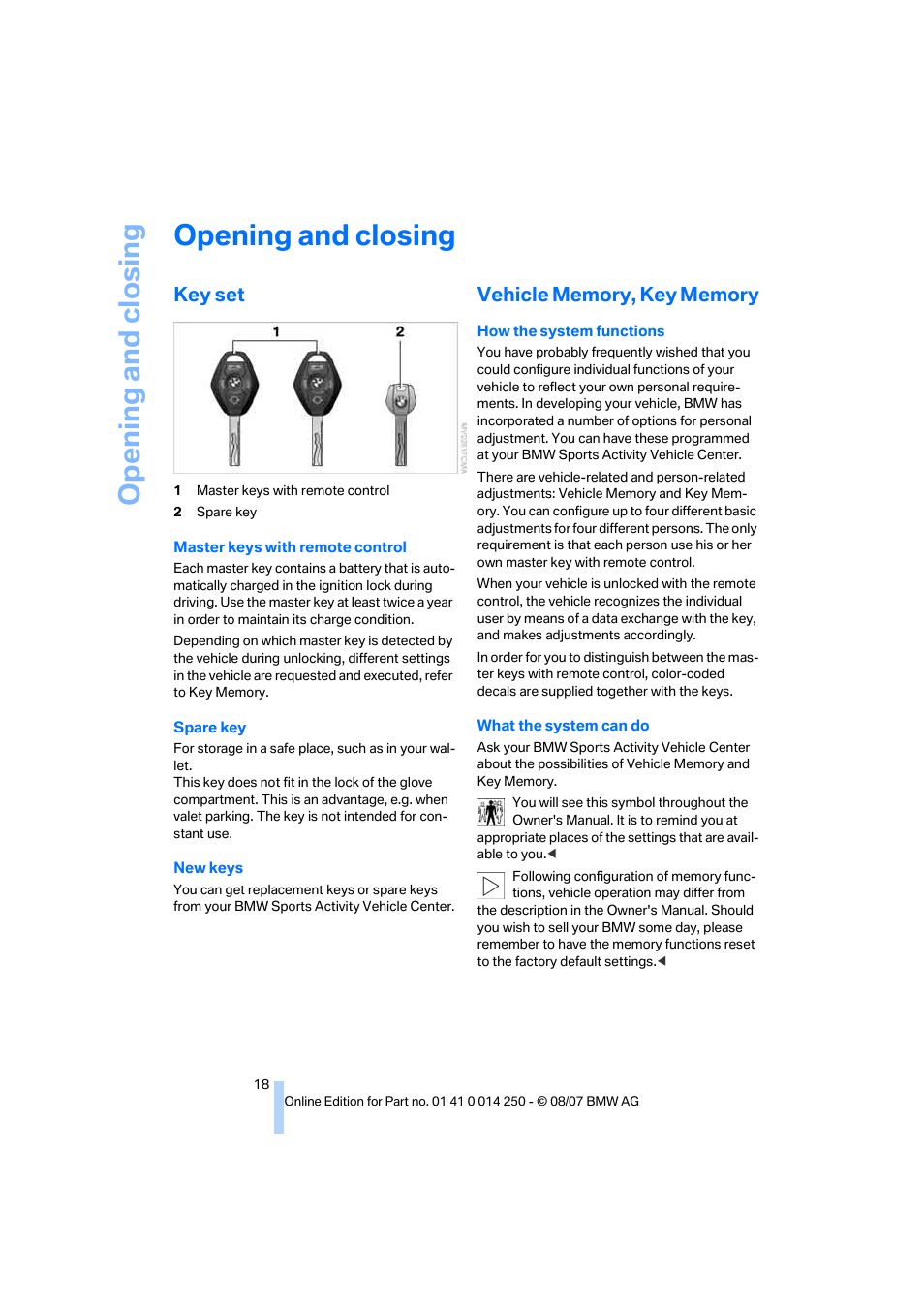 Opening and closing, Key set, Vehicle memory, key memory | BMW X3 3.0si 2008 User Manual | Page 20 / 140