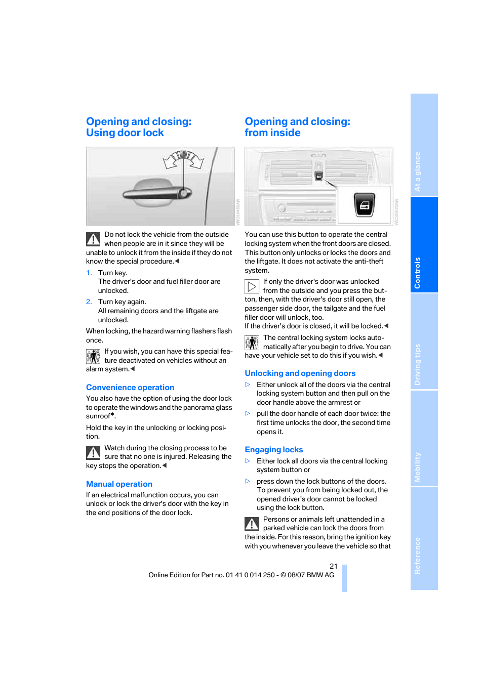 Opening and closing: using door lock, Opening and closing: from inside | BMW X3 3.0si 2008 User Manual | Page 23 / 140