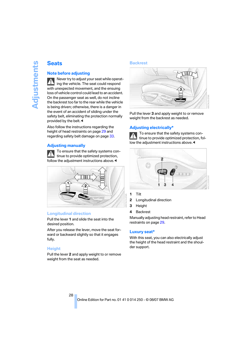 Seats, Adju stmen ts | BMW X3 3.0si 2008 User Manual | Page 30 / 140