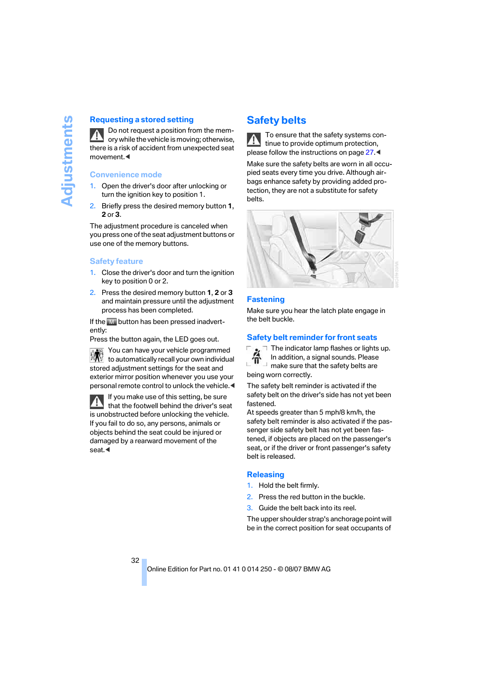 Safety belts, Adju stmen ts | BMW X3 3.0si 2008 User Manual | Page 34 / 140
