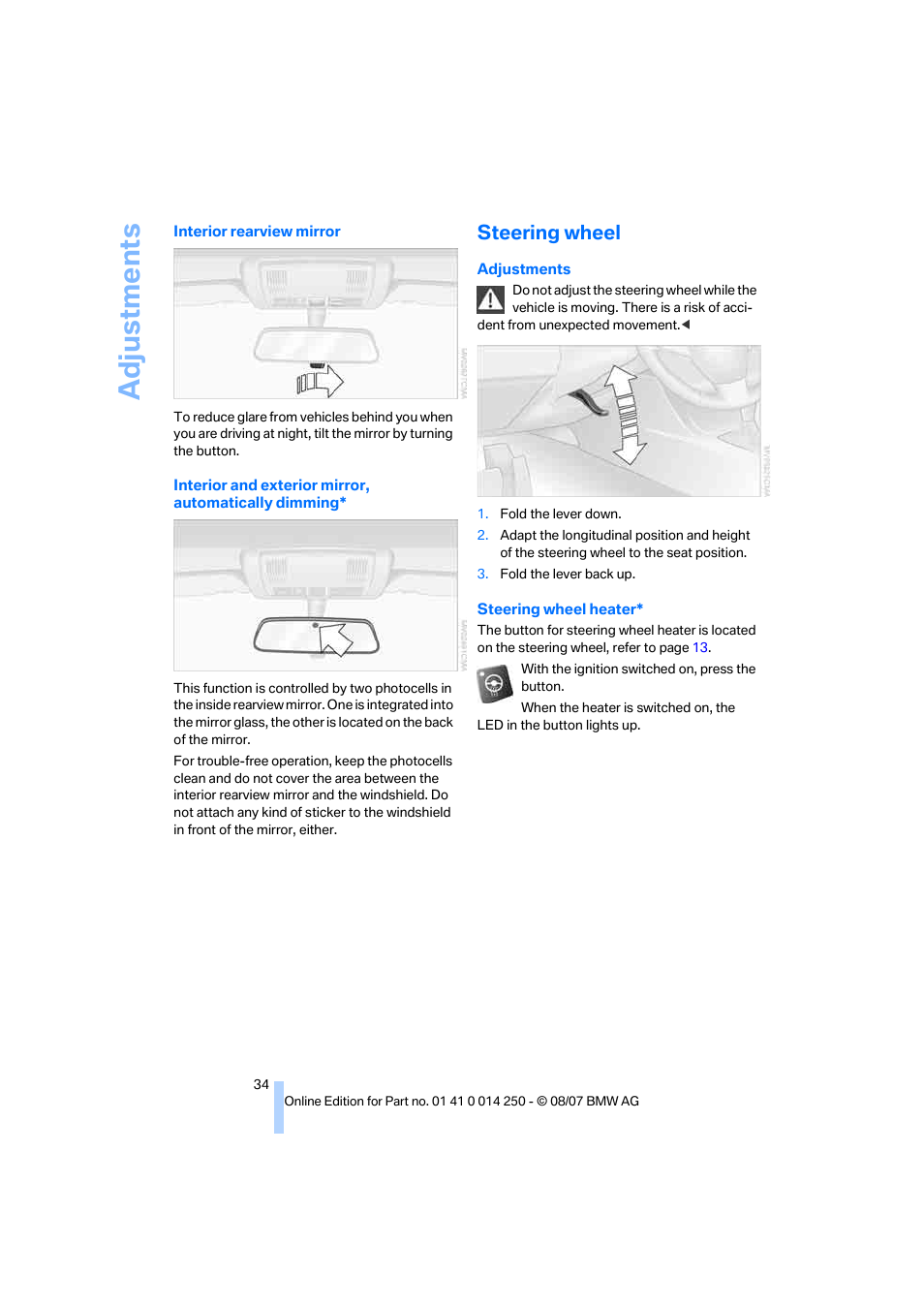 Steering wheel, Adju stmen ts | BMW X3 3.0si 2008 User Manual | Page 36 / 140