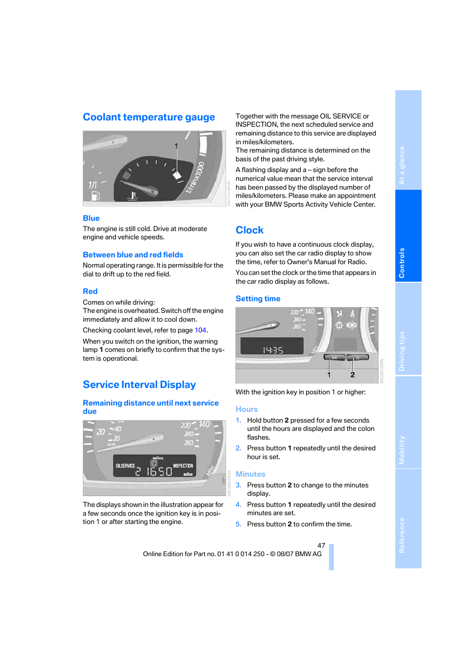 Coolant temperature gauge, Service interval display, Clock | BMW X3 3.0si 2008 User Manual | Page 49 / 140