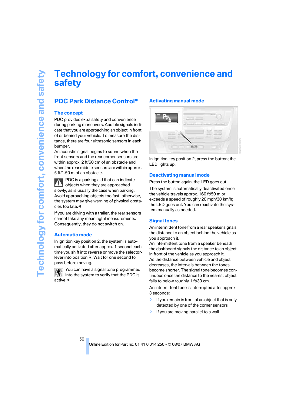 Technology for comfort, convenience and safety, Pdc park distance control | BMW X3 3.0si 2008 User Manual | Page 52 / 140