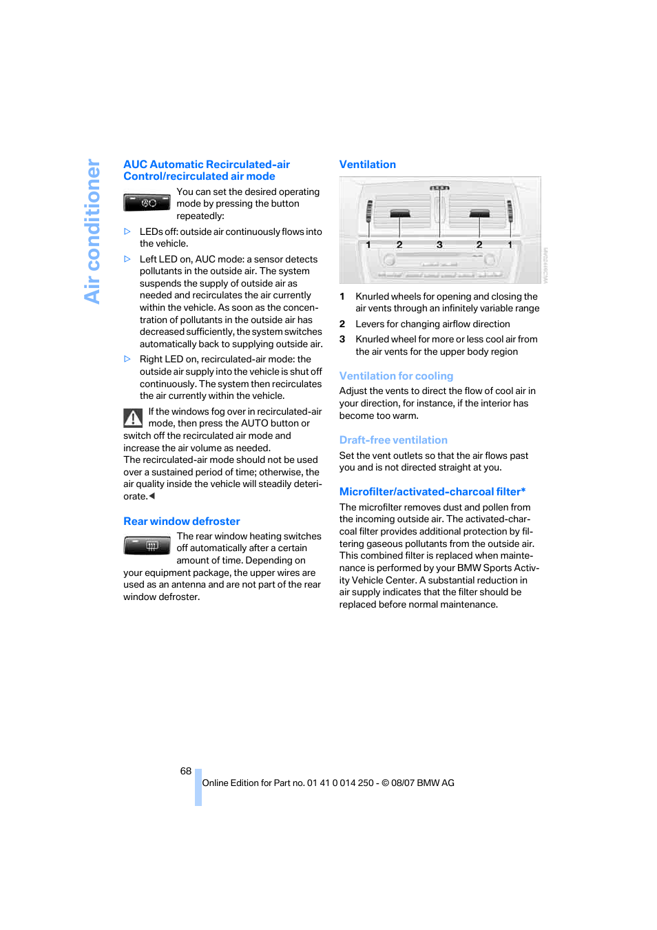 Air co ndit io ne r | BMW X3 3.0si 2008 User Manual | Page 70 / 140