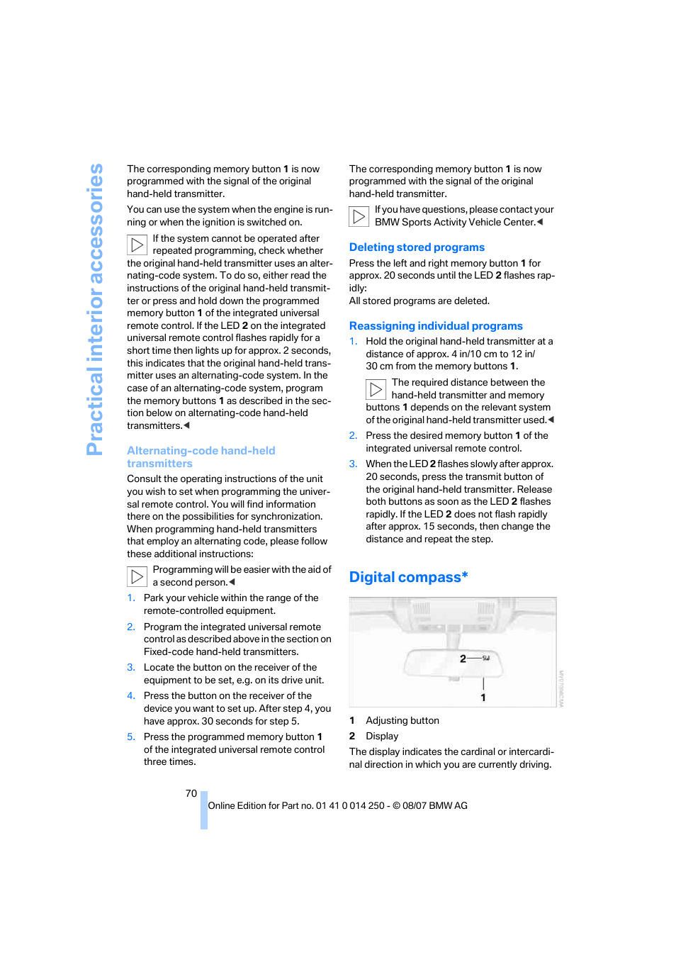 Digital compass, Practical interi or acc ess orie s | BMW X3 3.0si 2008 User Manual | Page 72 / 140