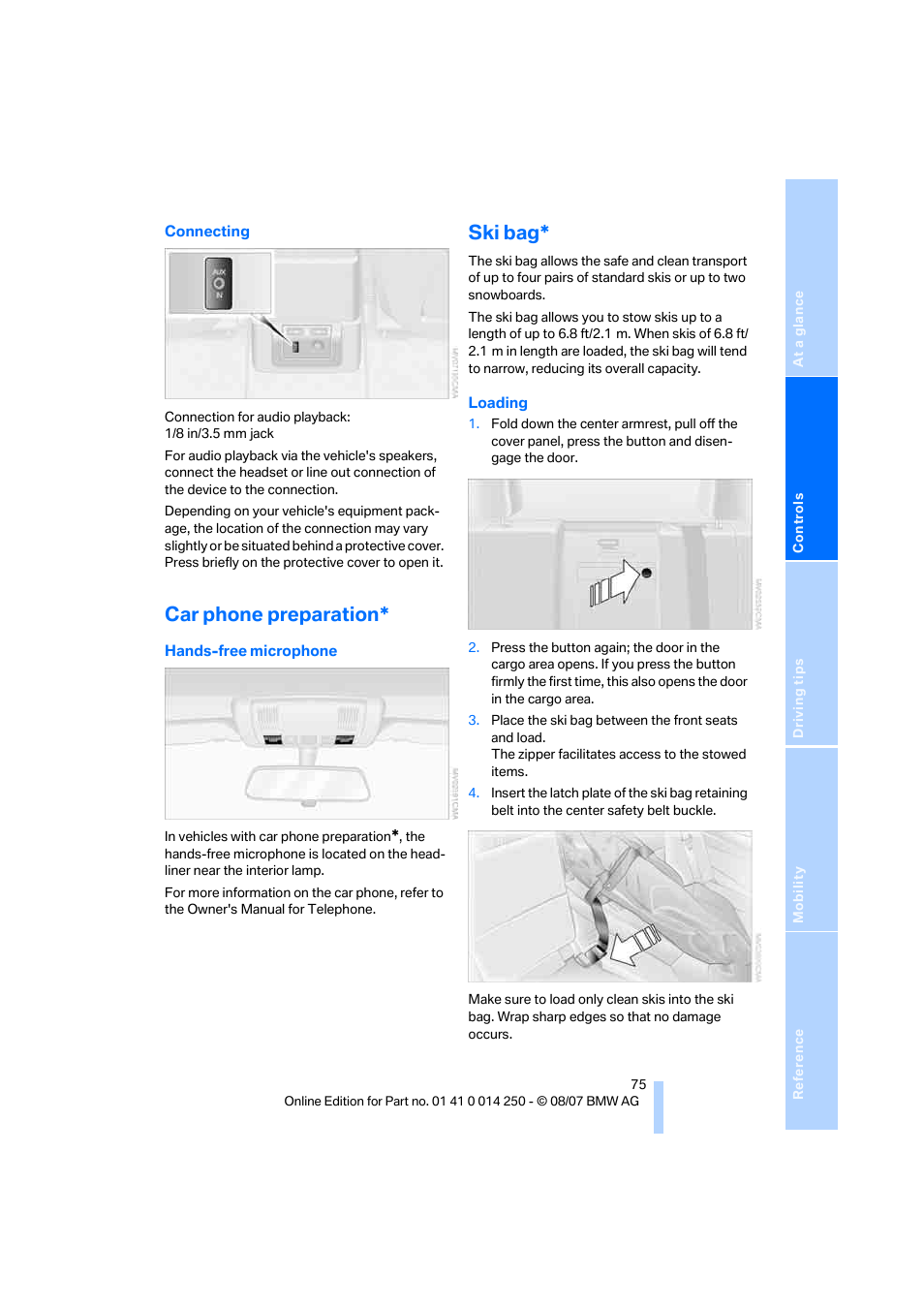 Car phone preparation, Ski bag | BMW X3 3.0si 2008 User Manual | Page 77 / 140