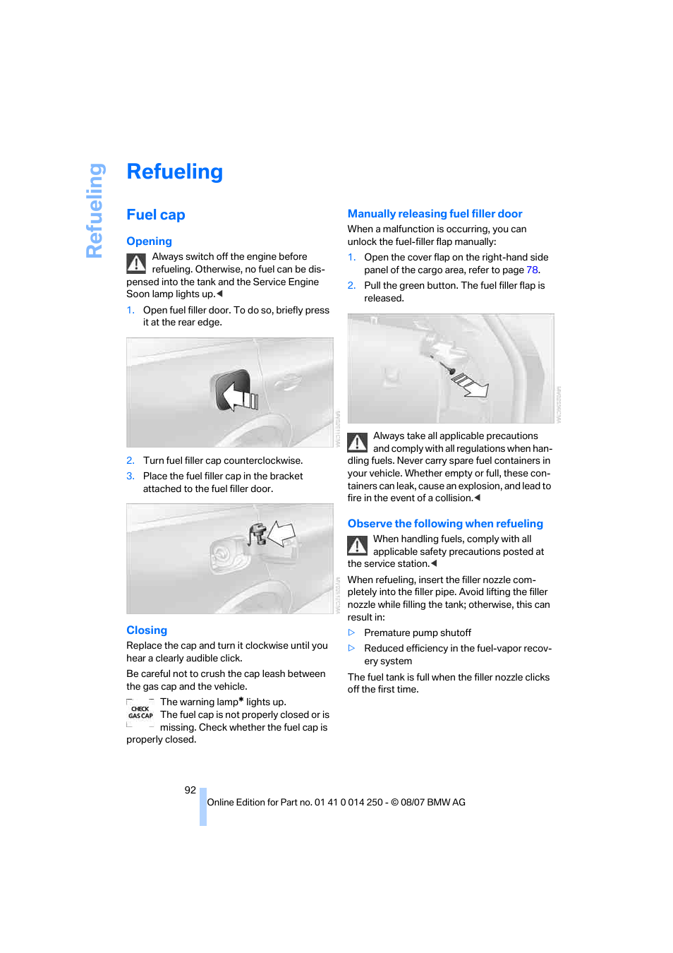 Refueling, Fuel cap, Ilit | Re fueling | BMW X3 3.0si 2008 User Manual | Page 94 / 140