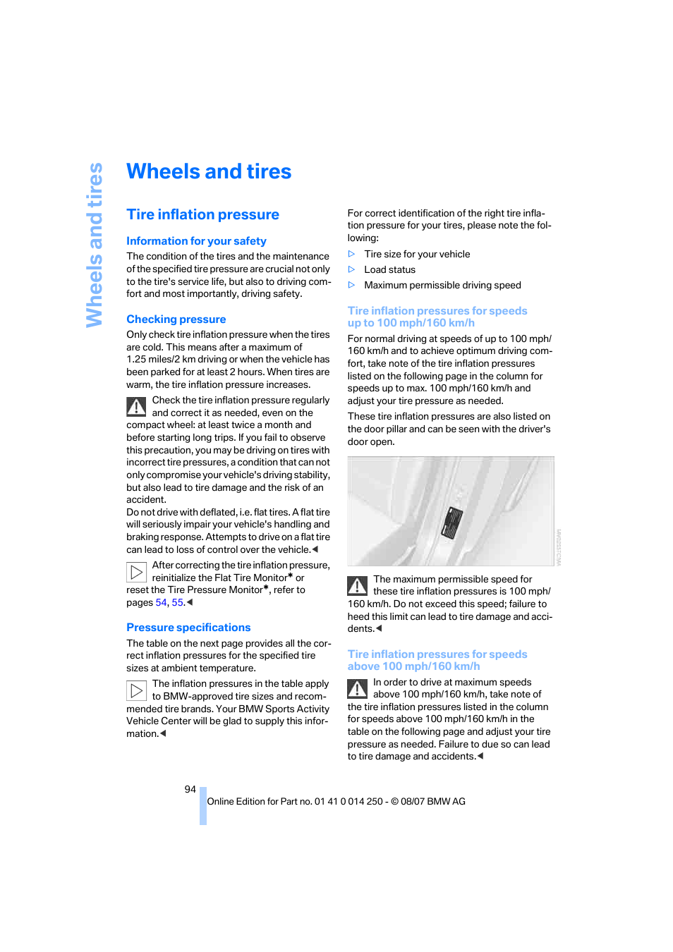 Wheels and tires, Tire inflation pressure, Wh eels and tire s | BMW X3 3.0si 2008 User Manual | Page 96 / 140