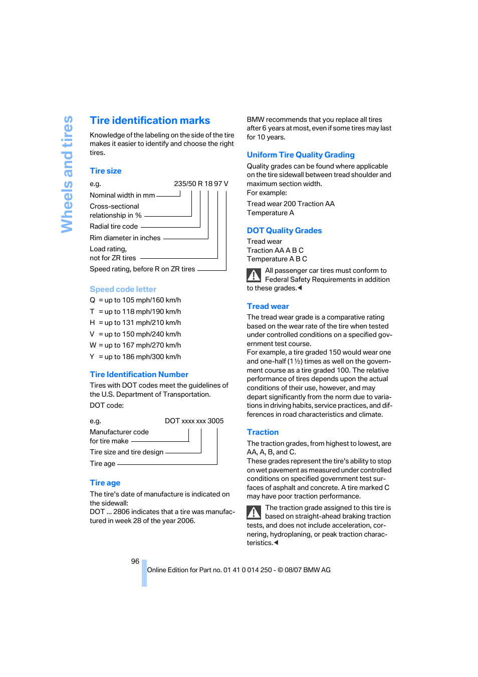 Tire identification marks, Wh eels and tire s | BMW X3 3.0si 2008 User Manual | Page 98 / 140