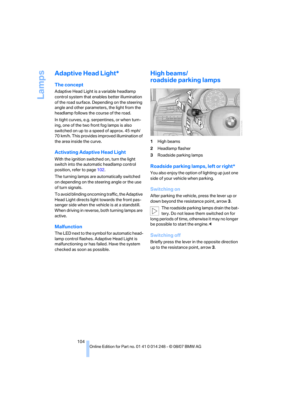 Adaptive head light, High beams/ roadside parking lamps, La mp s | BMW X5 4.8i 2008 User Manual | Page 106 / 292