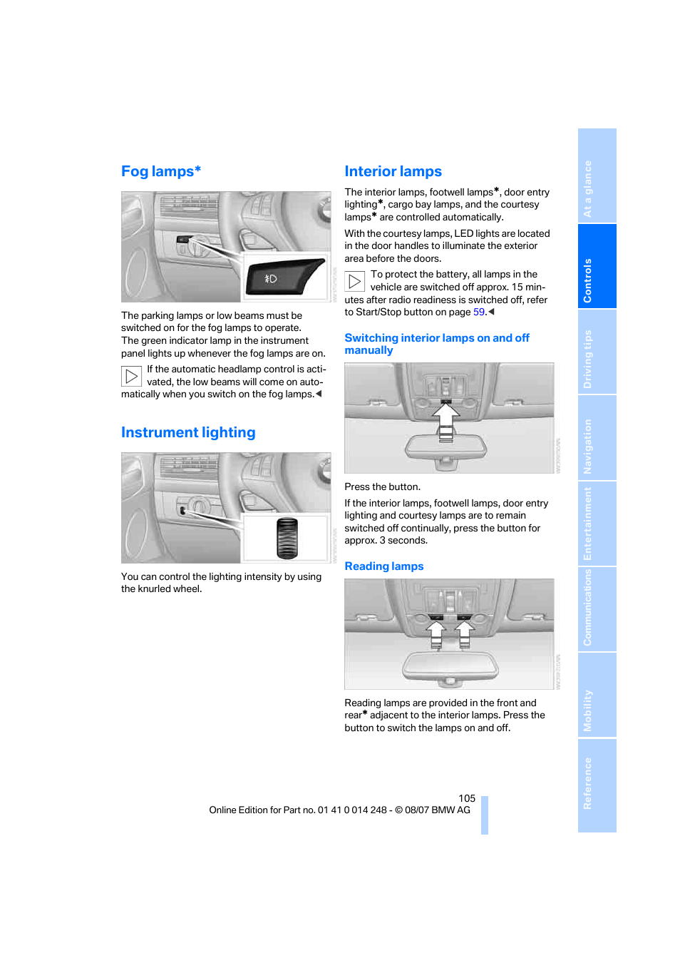 Fog lamps, Instrument lighting, Interior lamps | BMW X5 4.8i 2008 User Manual | Page 107 / 292