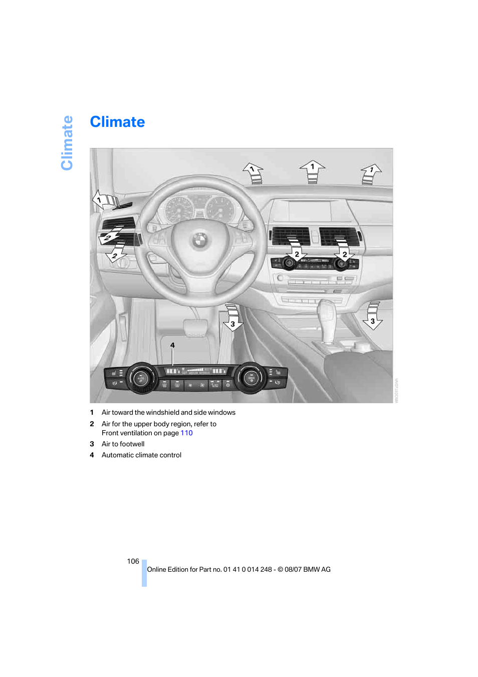 Climate | BMW X5 4.8i 2008 User Manual | Page 108 / 292