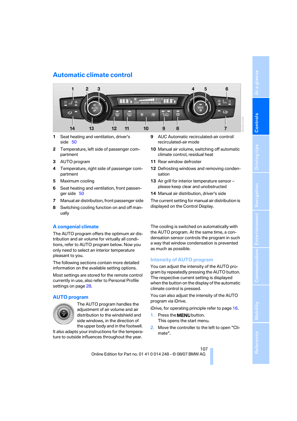 Automatic climate control | BMW X5 4.8i 2008 User Manual | Page 109 / 292