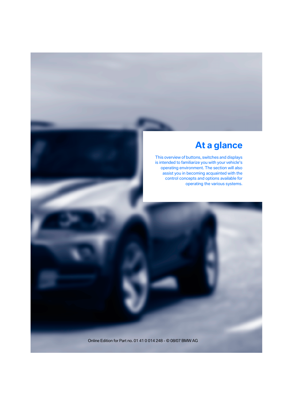 At a glance | BMW X5 4.8i 2008 User Manual | Page 11 / 292