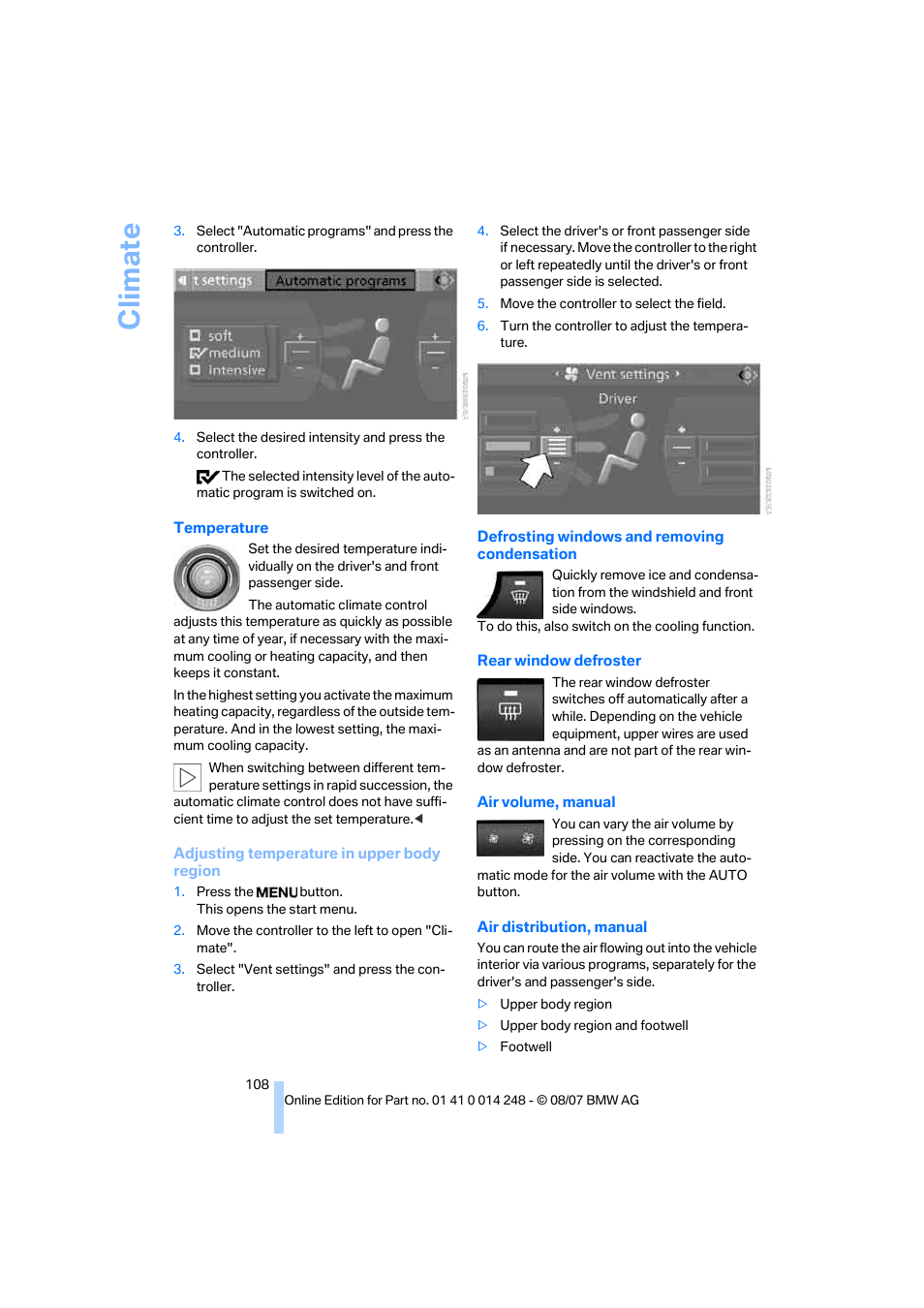 Tion, Climate | BMW X5 4.8i 2008 User Manual | Page 110 / 292