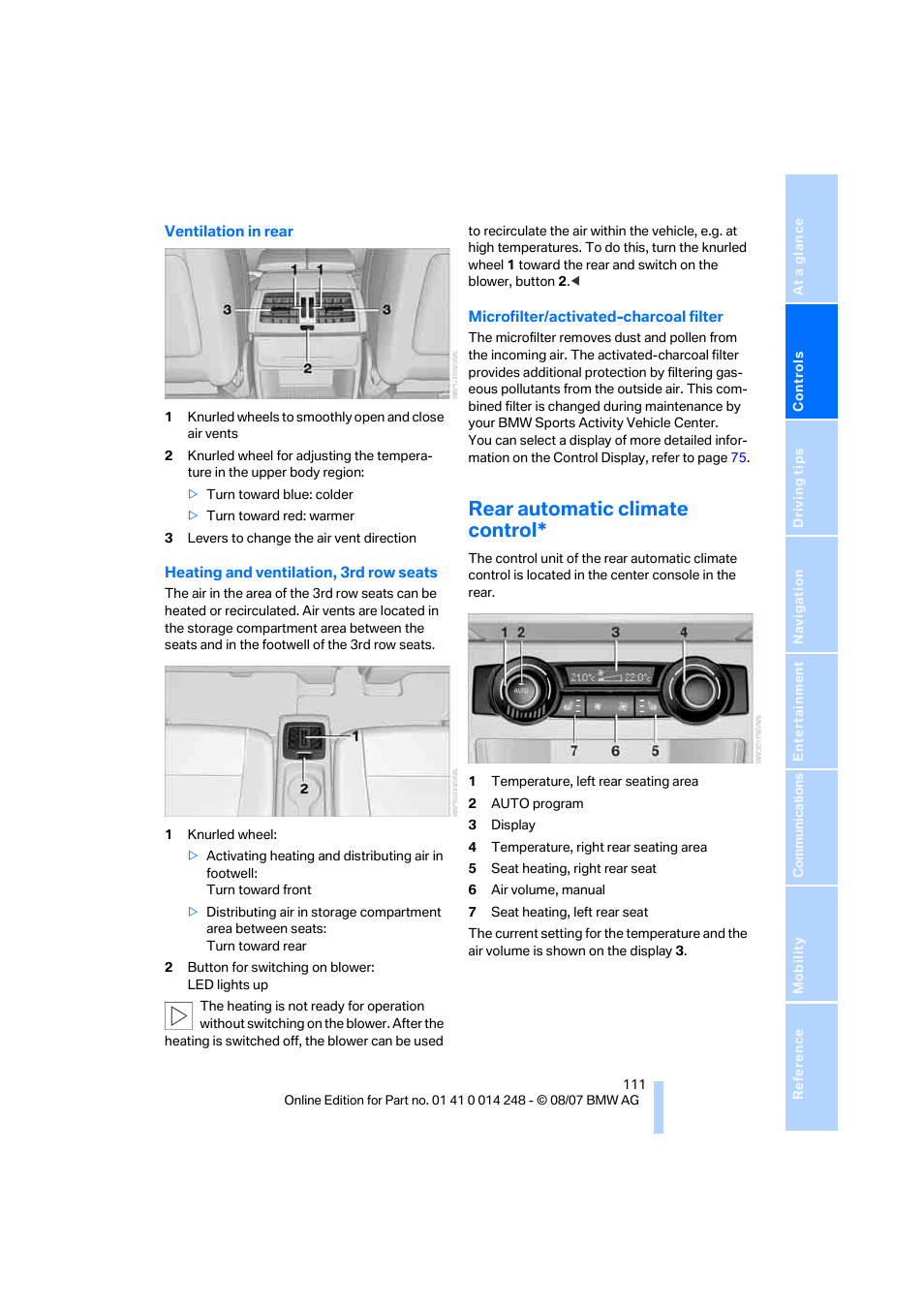 Rear automatic climate control | BMW X5 4.8i 2008 User Manual | Page 113 / 292