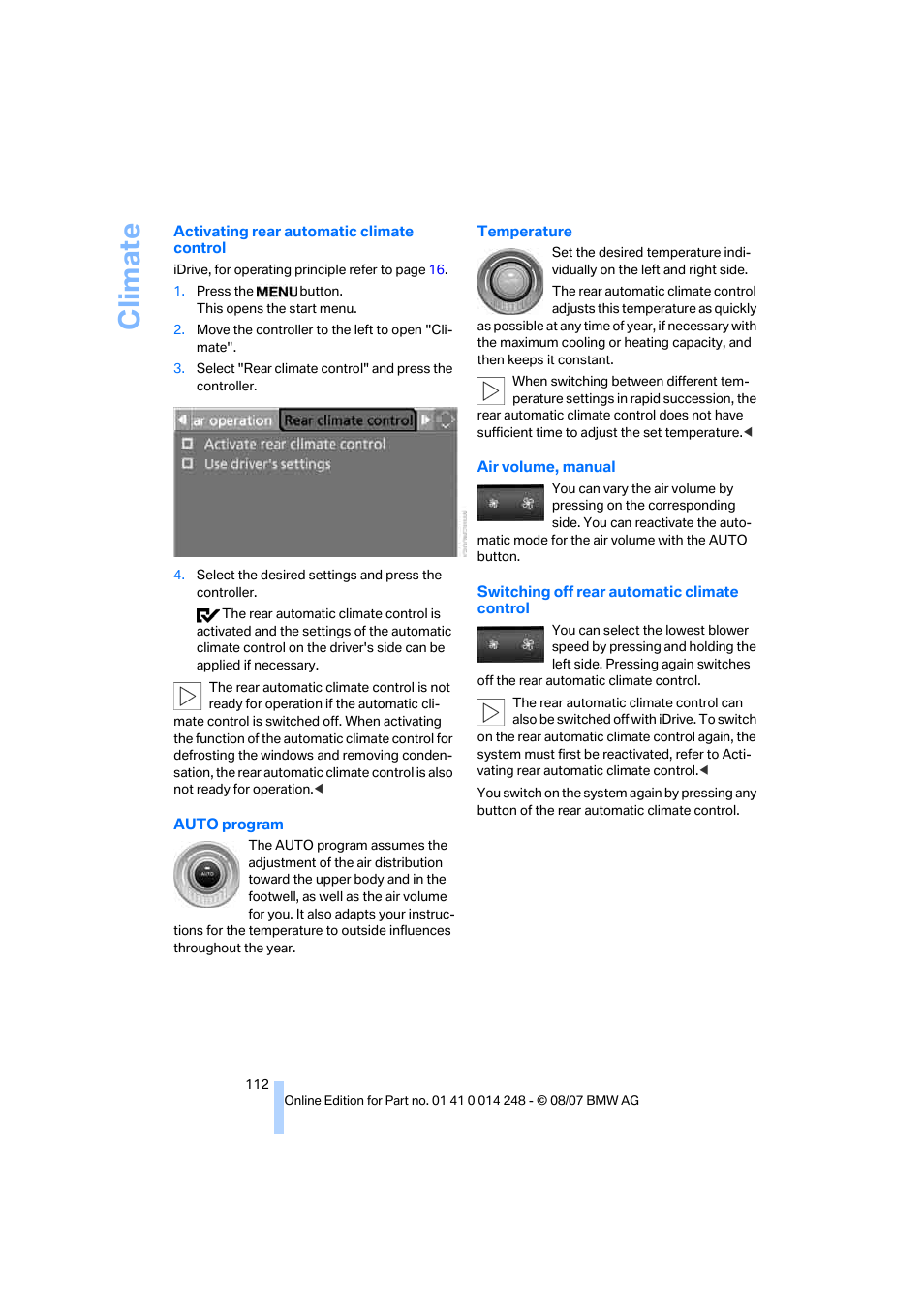 Climate | BMW X5 4.8i 2008 User Manual | Page 114 / 292