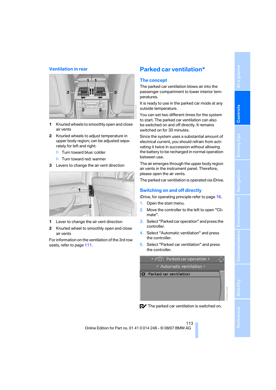 Parked car ventilation | BMW X5 4.8i 2008 User Manual | Page 115 / 292