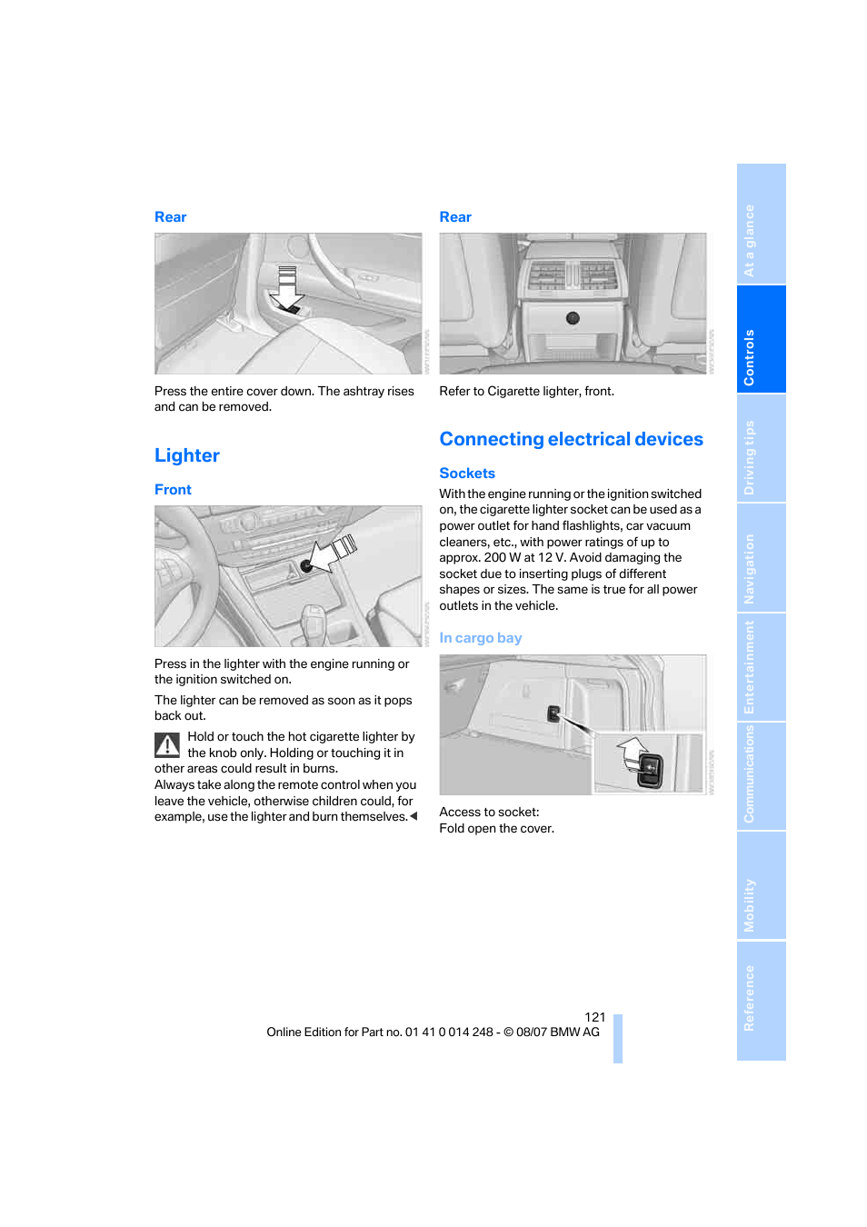 Lighter, Connecting electrical devices | BMW X5 4.8i 2008 User Manual | Page 123 / 292