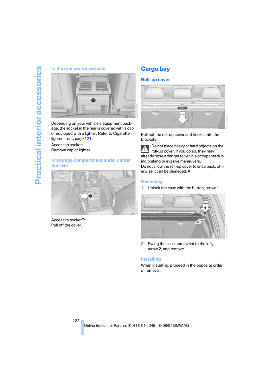 Cargo bay, Practical interi or acc ess orie s | BMW X5 4.8i 2008 User Manual | Page 124 / 292