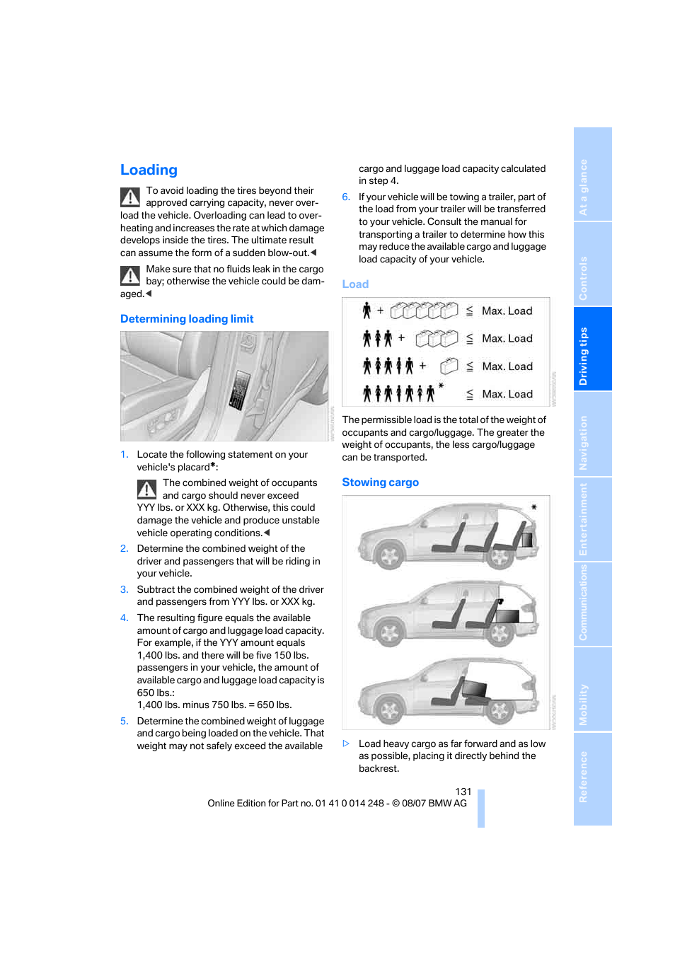 Loading | BMW X5 4.8i 2008 User Manual | Page 133 / 292