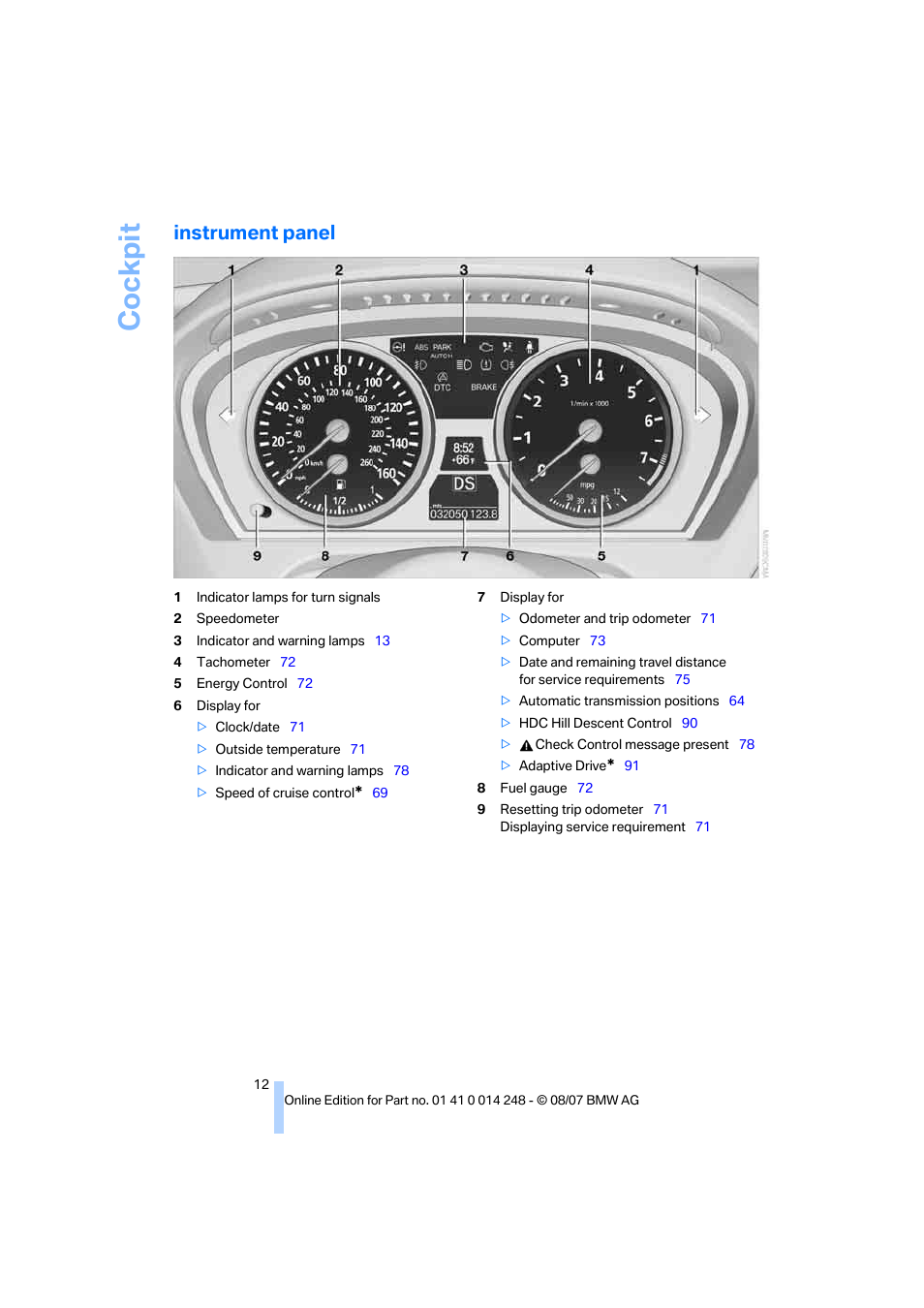 Instrument panel, Cockpit | BMW X5 4.8i 2008 User Manual | Page 14 / 292