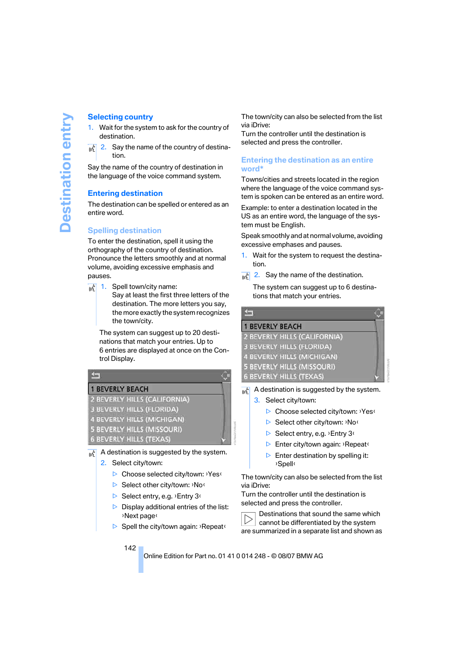 Destination entry | BMW X5 4.8i 2008 User Manual | Page 144 / 292