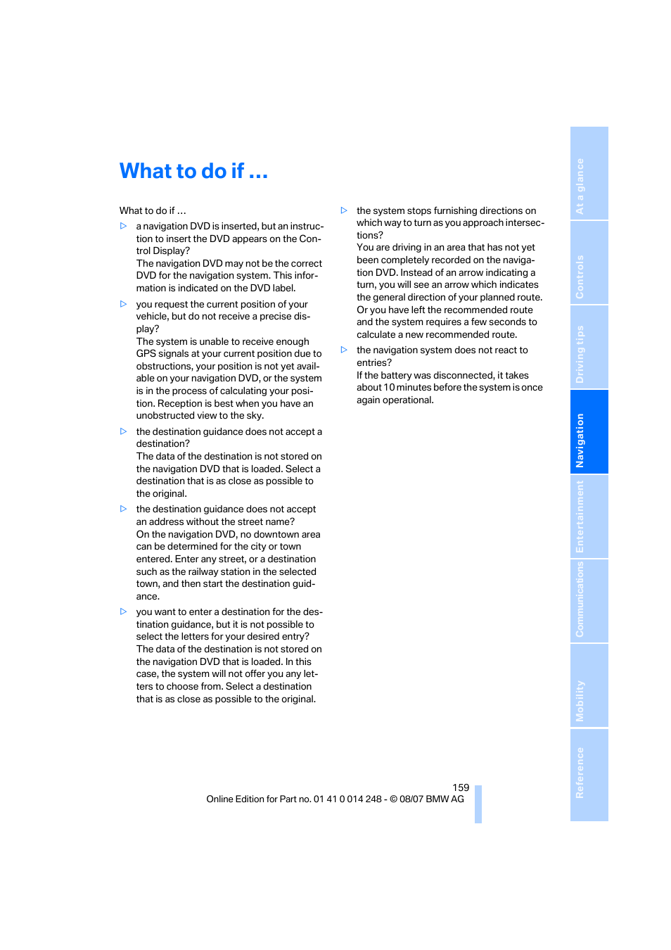 What to do if | BMW X5 4.8i 2008 User Manual | Page 161 / 292