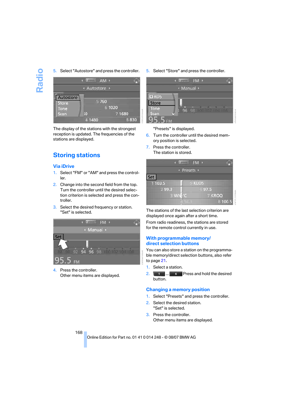 Storing stations, Ra di o | BMW X5 4.8i 2008 User Manual | Page 170 / 292