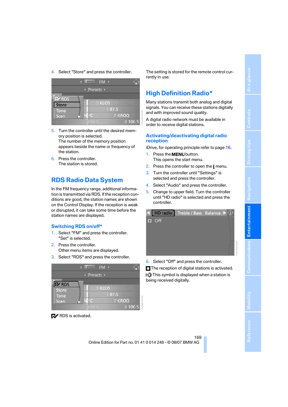 Rds radio data system, High definition radio | BMW X5 4.8i 2008 User Manual | Page 171 / 292