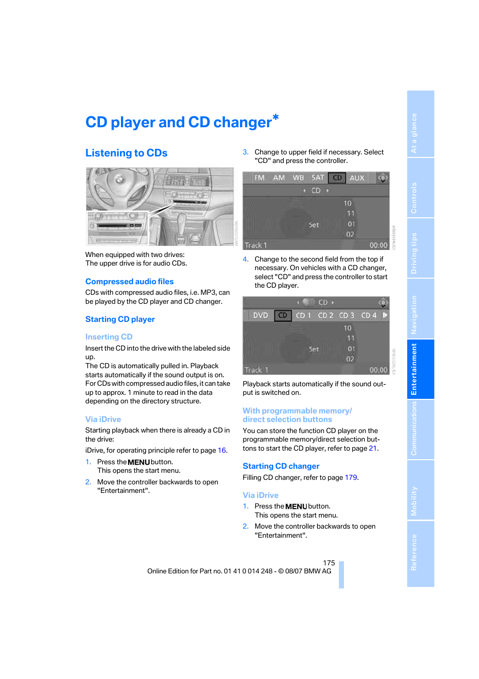 Cd player and cd changer, Listening to cds | BMW X5 4.8i 2008 User Manual | Page 177 / 292