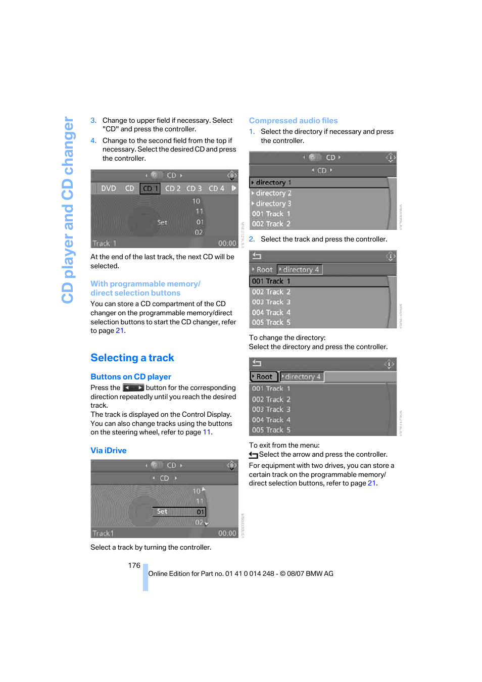 Selecting a track, Cd player and cd changer | BMW X5 4.8i 2008 User Manual | Page 178 / 292